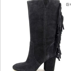 Nine West Black Suede Leather Fringe Mid Calf  Western Heel Pull On Boots Sz 7.5